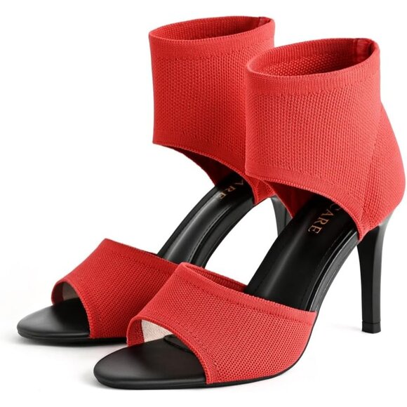 Red 3 Inches Peep Toe Synthetic Stiletto Stretchy Heeled Sandals for Women - Picture 8 of 10